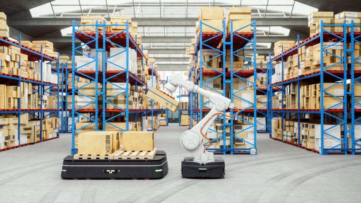 Robotic arm carrying a box in a warehouse