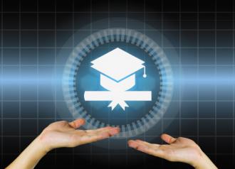 hands holding virtual certificate and grad cap