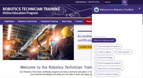 robotics webpage with chatbot popup in right